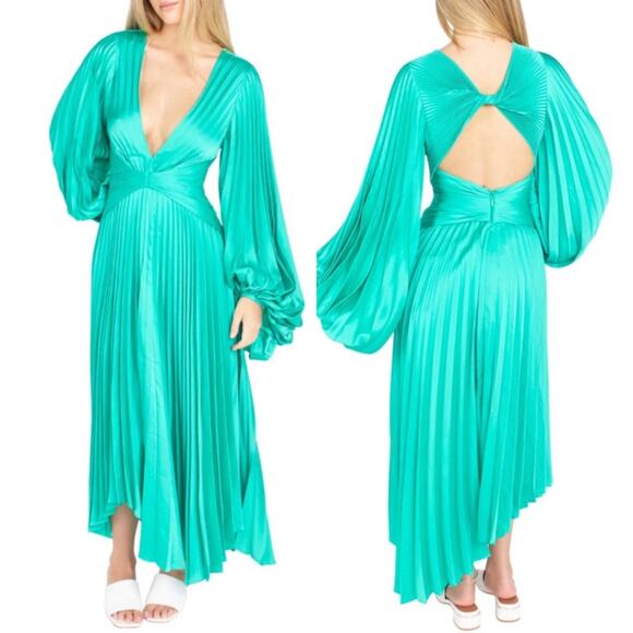 Acler Palms Pleated Long Sleeve Asymmetric Satin Green Midi Dress Sz 6 - Picture 2 of 11
